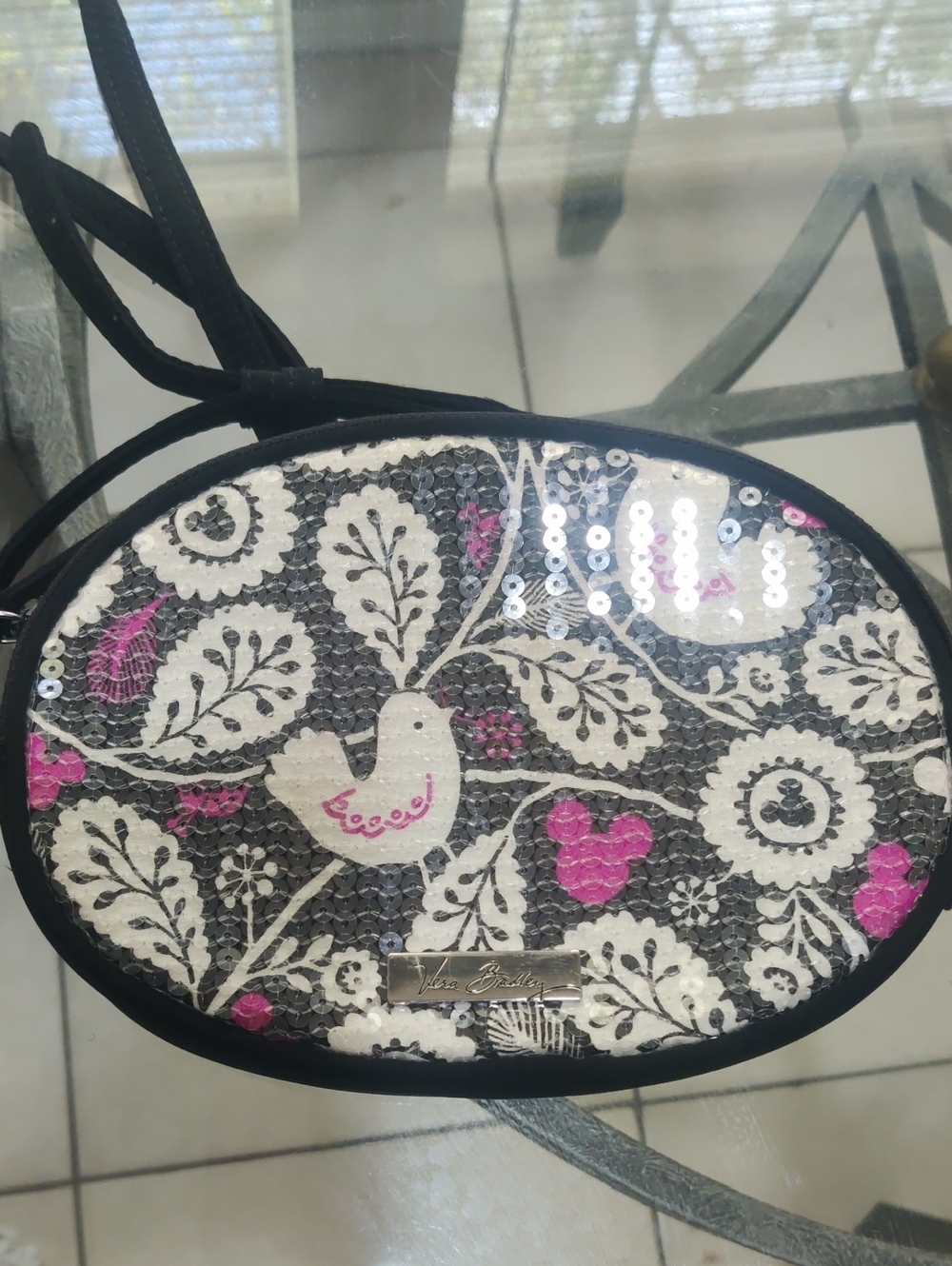 Black & White Floral Sequin Crossbody with Pink Accents